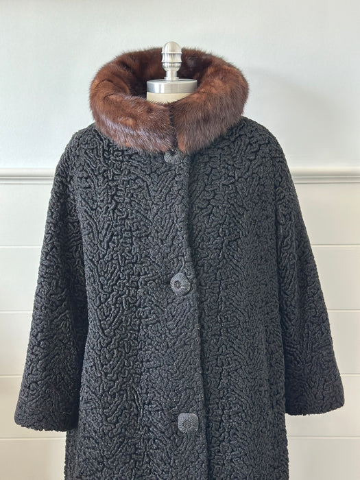 1960s Wool Faux Fur Coat with Mink Collar