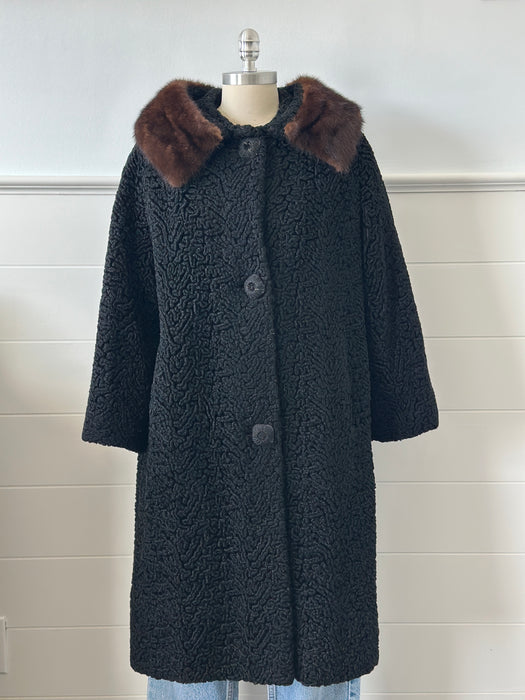 1960s Wool Faux Fur Coat with Mink Collar