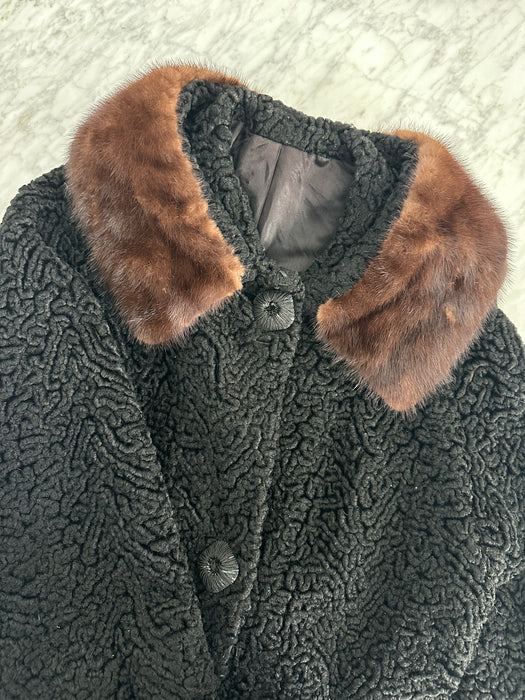 1960s Wool Faux Fur Coat with Mink Collar