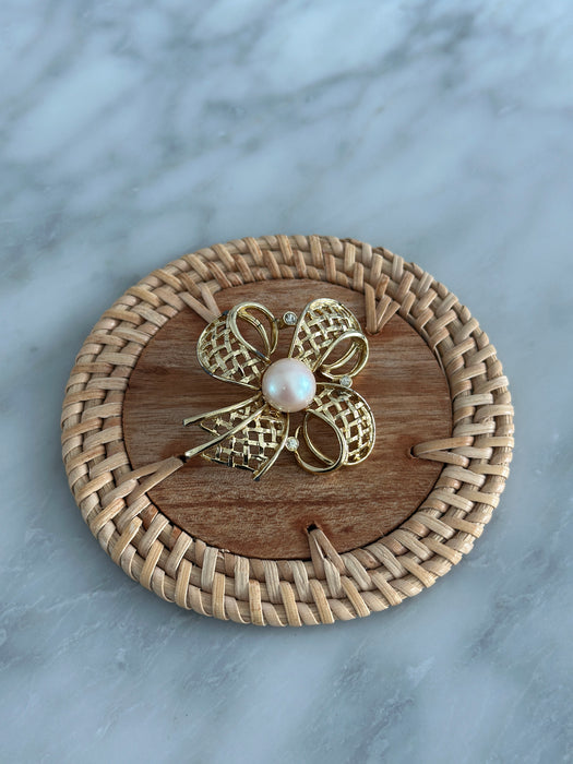 Gold Bow and Pearl Brooch
