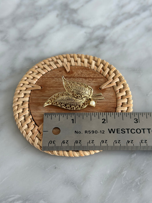 Gold Pearl Leaf Brooch