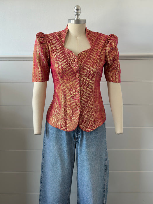 1980s Puff Shoulder Brocade Top