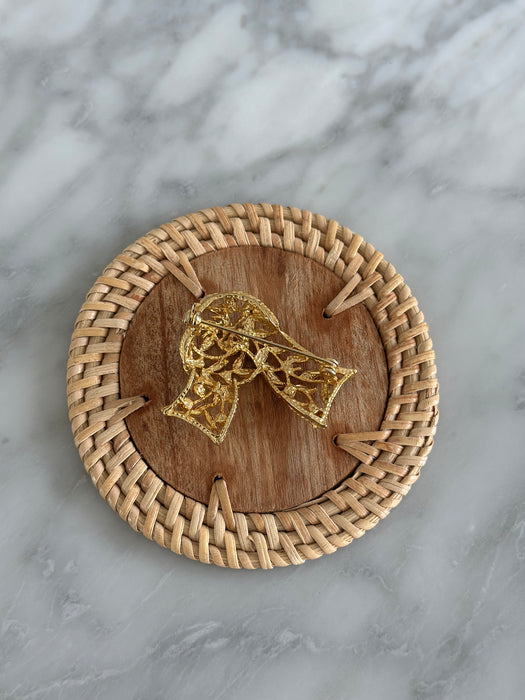 Gold and Crystal Ribbon Brooch