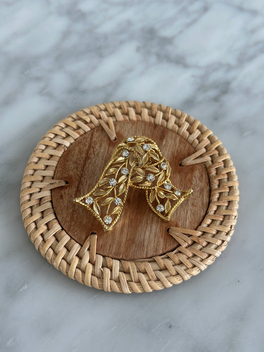 Gold and Crystal Ribbon Brooch
