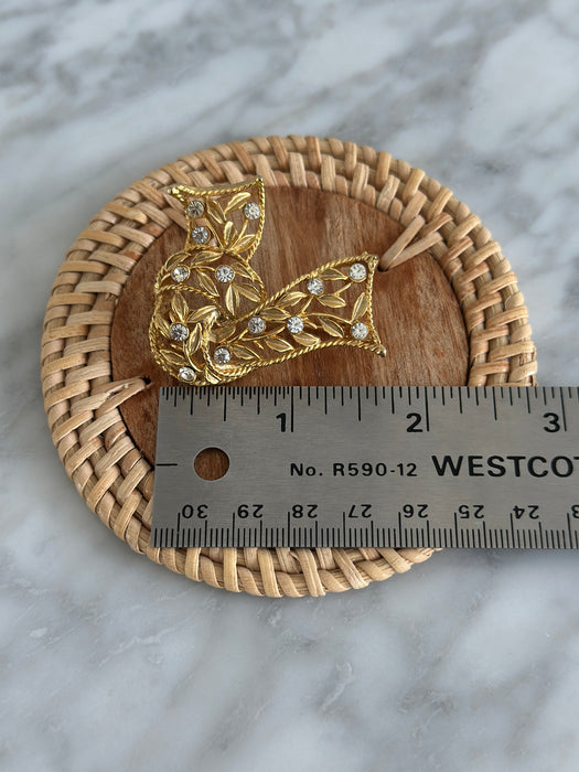 Gold and Crystal Ribbon Brooch